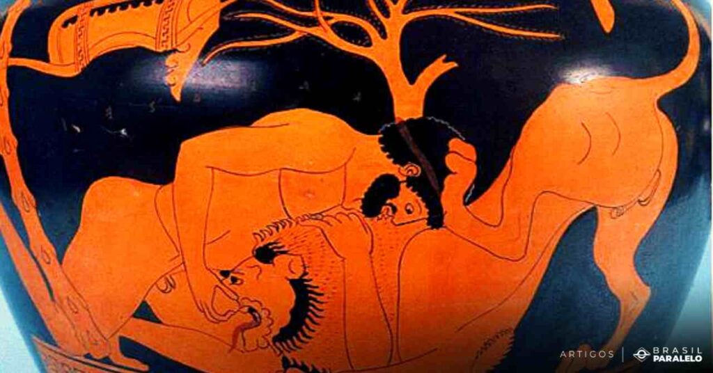 Hercules-vencendo-o-leao-em-arte-de-ceramica