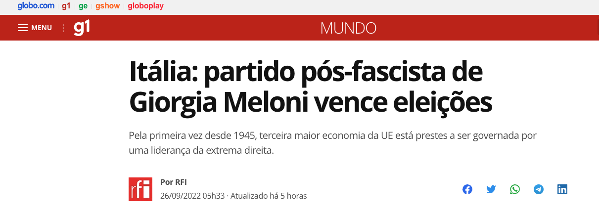 Itália: partido pós-fascista de Giorgia Meloni vence eleições