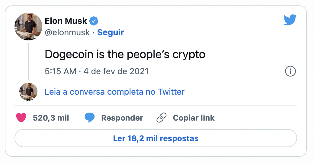 Elon Musk tweet sobre Dogecoin