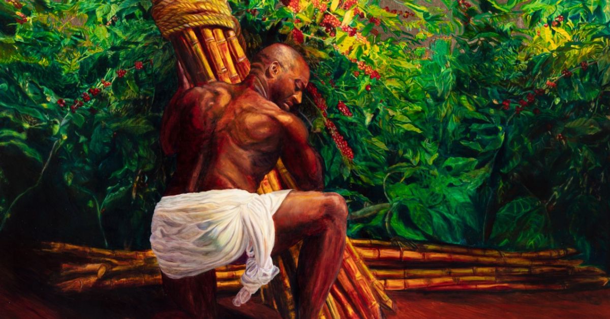 Quadro de Lara Baruzzo: "Terceira Estação: O negro cai pela primeira vez - 2019".
