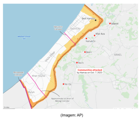 Mapa dos territórios ocupados por Israel na Faixa de Gaza.