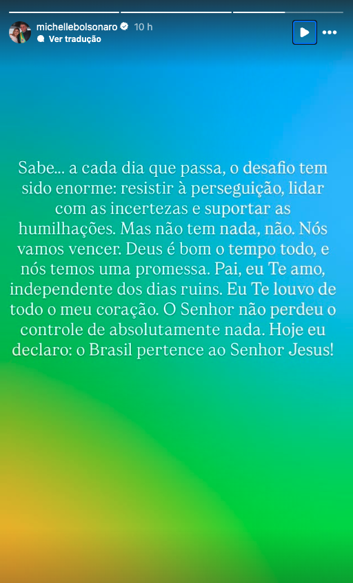 Manifestação de Michelle Bolsonaro em sua rede social. Imagem: Reprodução.