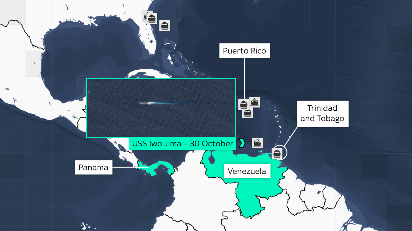 O mapa mostra o USS Iwo Jima ao largo da costa venezuelana. Crédito: EU Sentinel