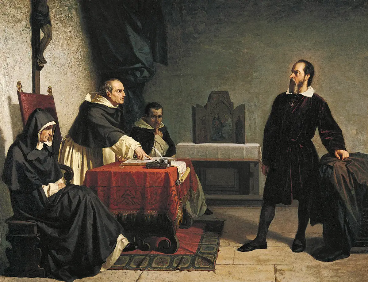 Galileu enfrenta a Inquisição Romana (1857), de Cristiano Banti (1824-1904). Óleo sobre tela. Coleção privada.