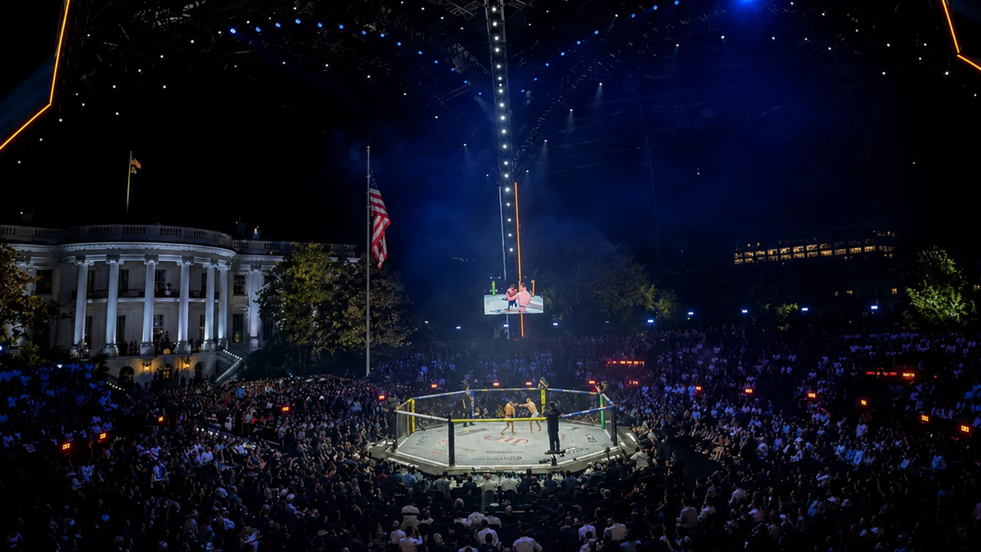 Torcida animada acompanha combates intensos durante o UFC Freedom, em noite histórica diante da Casa Branca.