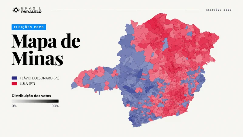 Mapa de Minas Gerais com a distribuição dos votos entre Flávio Bolsonaro e Lula por município