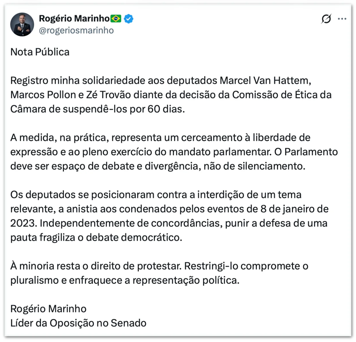 Rogério marinho se posicionou sobre o caso