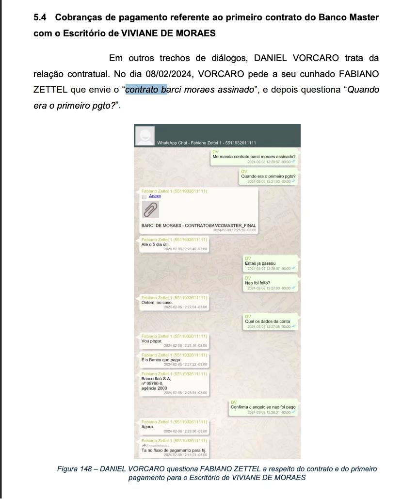 Vorcaro falando sobre o contrato com a esposa de Moraes