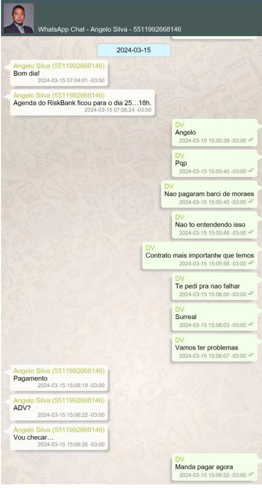 Conversa de Vorcaro cobrando pagamento de barci de Moraes, esposa do ministro
