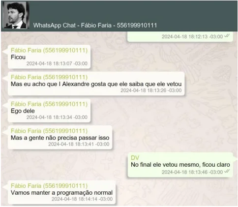 Print da conversa de Fábio Faria e Vorcaro
