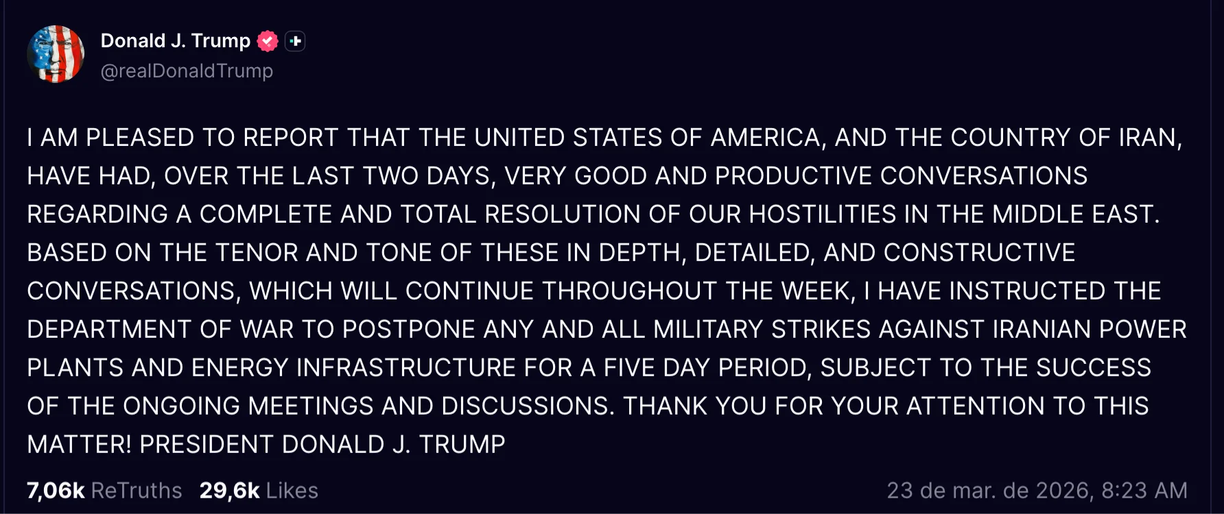 Postagem de Trump falando sobre negociações com o regime iraninao