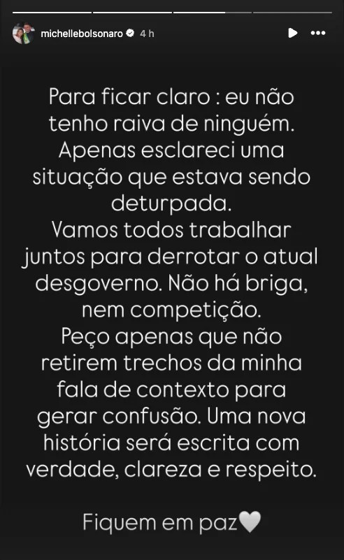 Mensagem publicada por Michelle Bolsonaro em um story