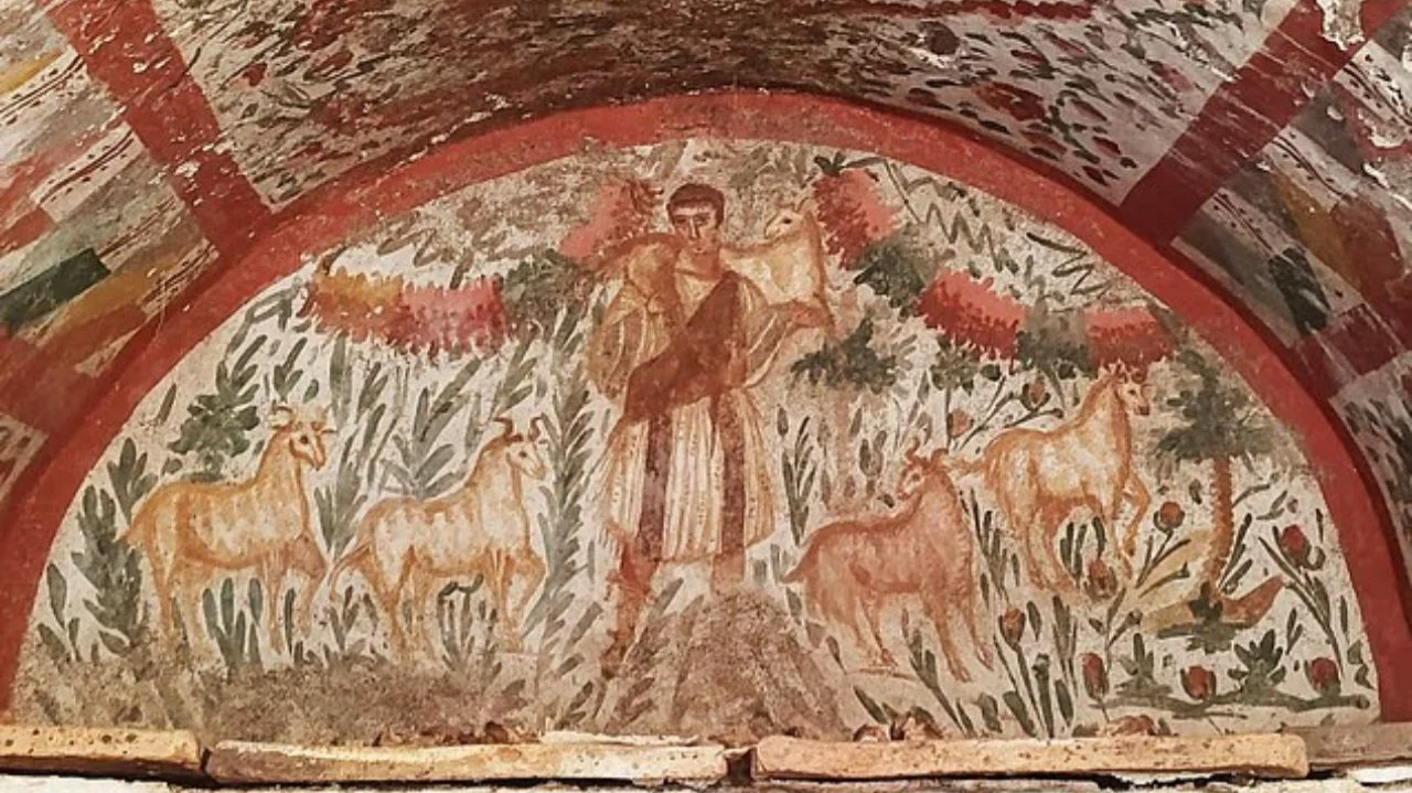 Pintura O Bom Pastor, mostrando Cristo sem barba e com roupas romanas
