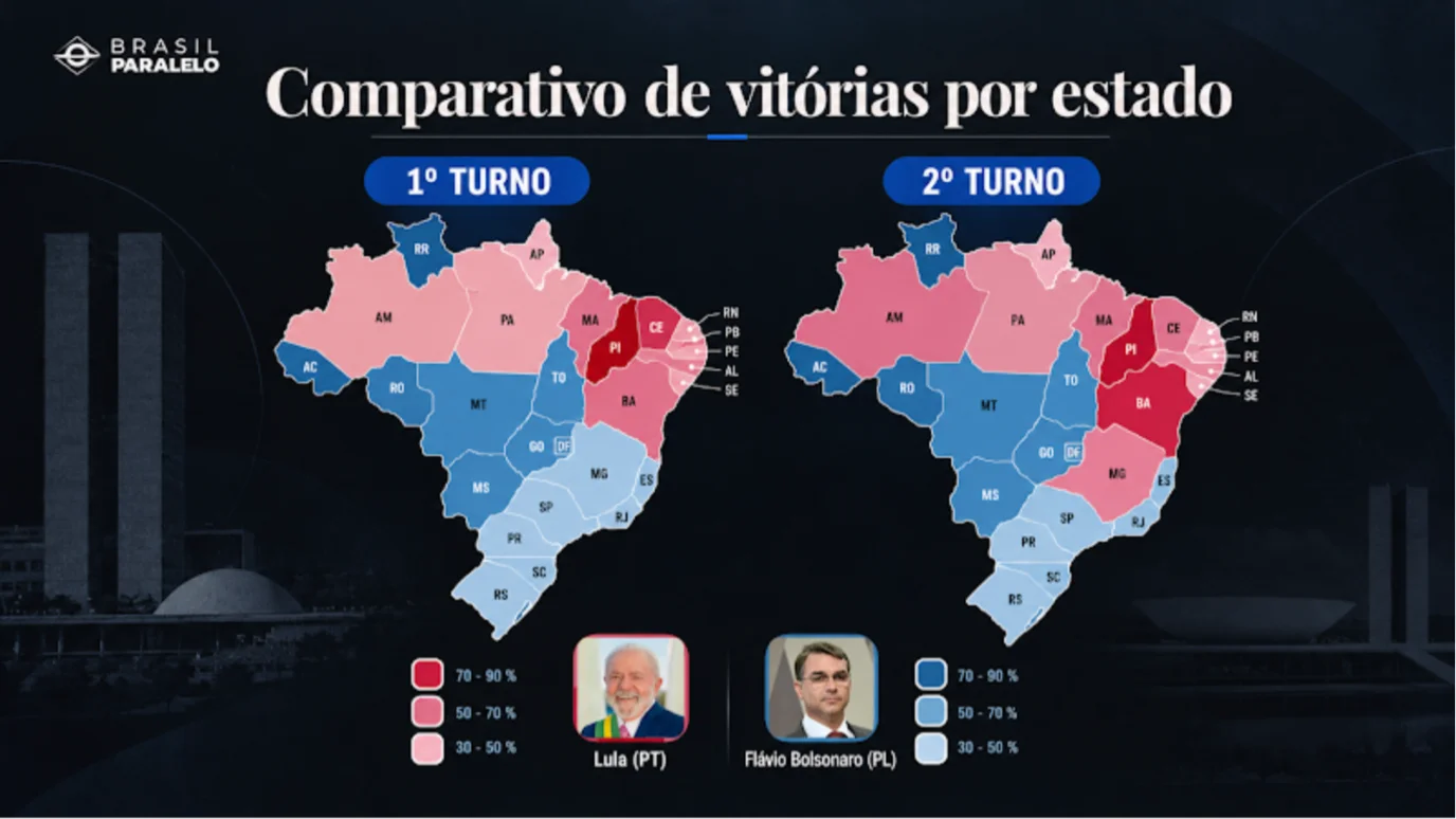 Mapas comparativos das vitórias de Lula e Flávio Bolsonaro por estado no primeiro e no segundo turno