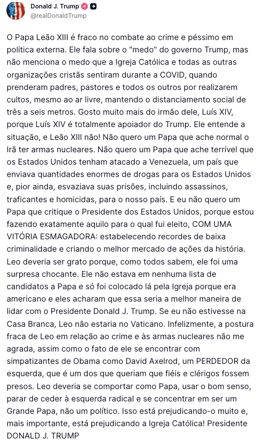 Postagem de Donald Trump no Truth Social