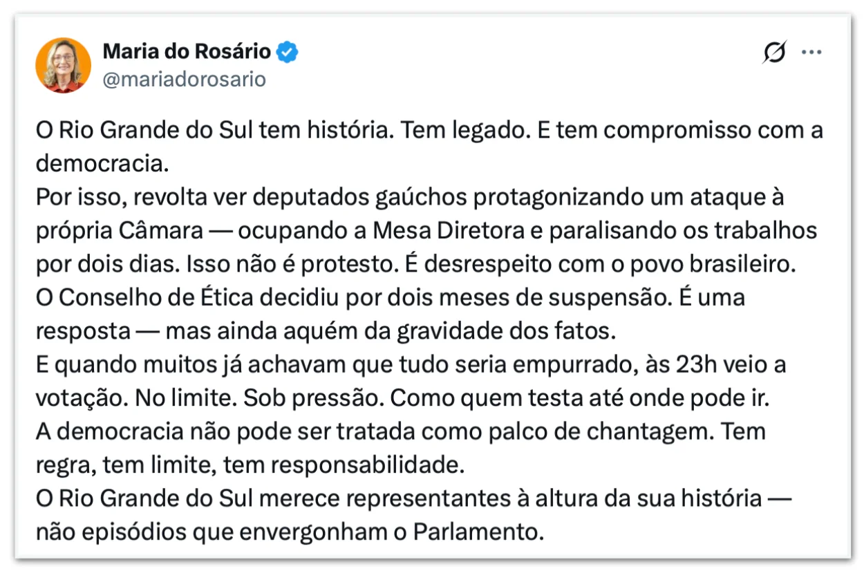 Maria do Rosário também se posicionou sobre o caso