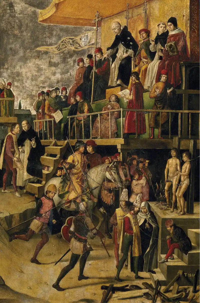 Detalhe do Auto de Fe presidido por San Domingo de Guzmán (c. 1493-1499), de Pedro Berruguete (c. 1450-1504). Óleo sobre madeira, 154 x 92 cm, n. de catálogo P00618. Museo Nacional del Prado. Internet.