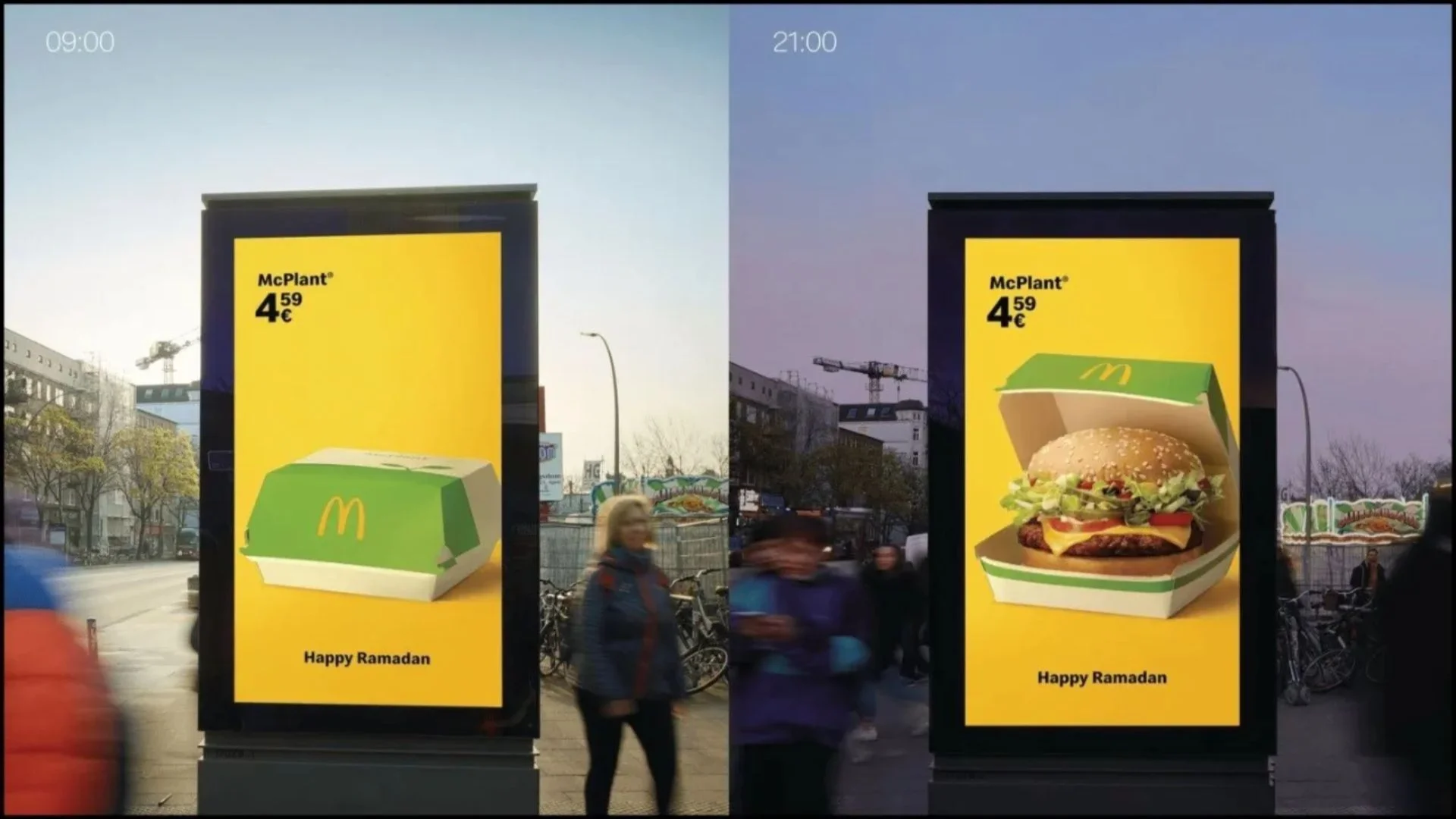 Outdoor digital do McDonald’s na Alemanha exibe embalagem vazia durante o dia e revela o hambúrguer após o pôr do sol, em campanha sincronizada com o Ramadã.