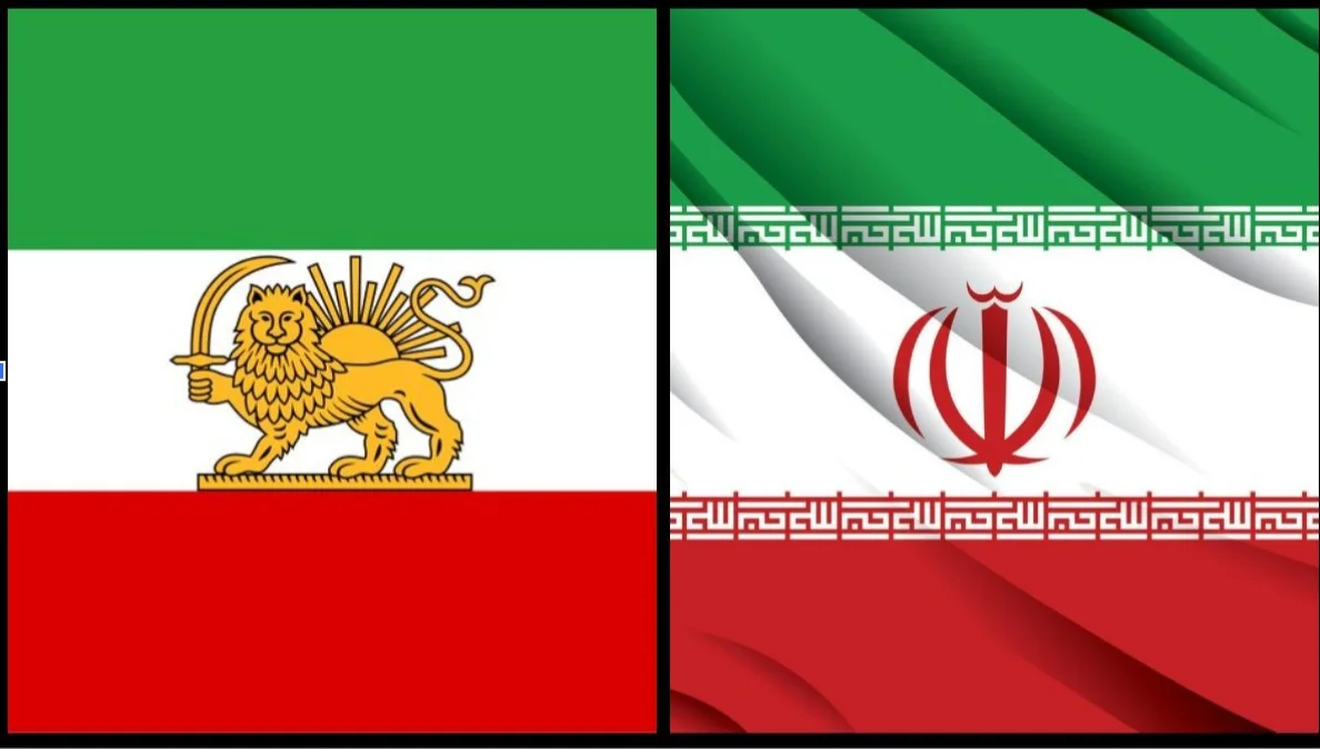 À esquerda a bandeira com o leão e o Sol, usada até o fim da monarquia em 1979. à direita, a bandeira da República Islâmica, usada até os dias de hoje.