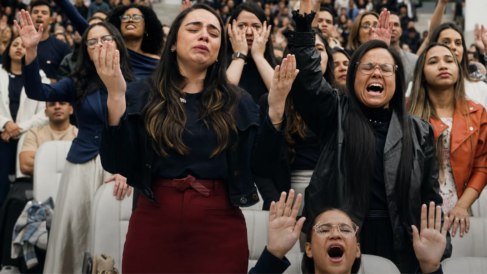 Fiéis louvando em uma Igreja Evangélica